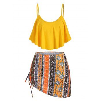 Image of Floral Print Cinched Overlay Tankini Set