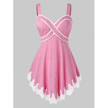

Plus Size Contrast Trim Lace Hem Empire Waist Tank Top, Hot pink