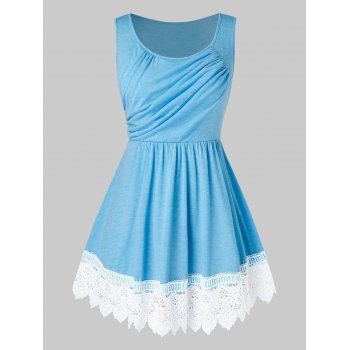 

Plus Size Asymmetric Ruched Lace Insert Tank Top, Day sky blue