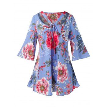 

Plus Size Floral Print Cutout Blouse, Sky blue