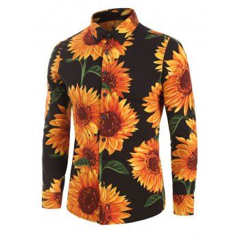 

Sunflower Print Long Sleeve Button Up Shirt, Black