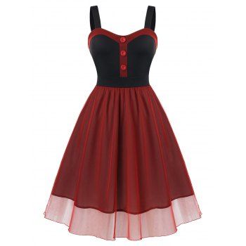 

Plus Size Colorblock Cocktail Flared Dress, Red wine