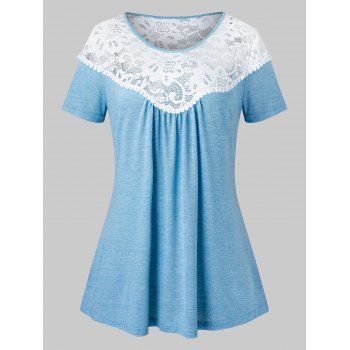 

Plus Size Lace Yoke Two Tone T-shirt, Light blue