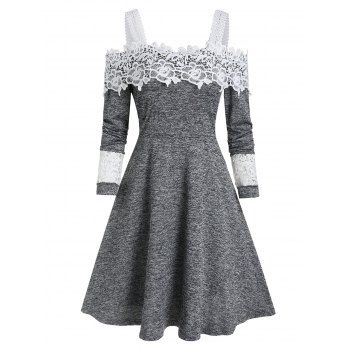 

Open Cold Shoulder Lace Insert Heather Long Sleeve Dress, Gray