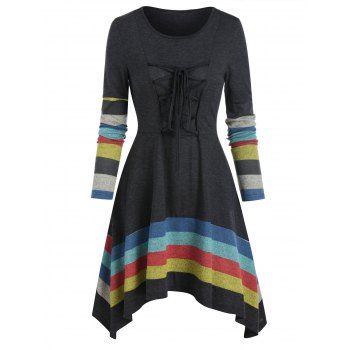 

Striped Lace Up Asymmetrical Knee High Dress, Dark gray