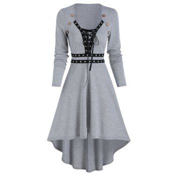 

Mock Button Lace-up High Low Dress, Gray cloud