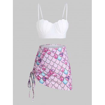 

Lace-up Cinched Push Up Mermaid Three Piece Swimsuit, White
