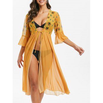 

Mesh Sunflower Cover Up Sheer Longline See Thru Beach Top, Orange gold
