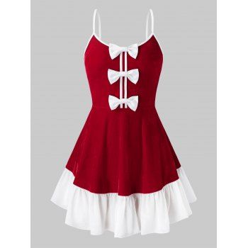 

Plus Size Bowknot Velvet Flounce Hem Babydoll, Red wine