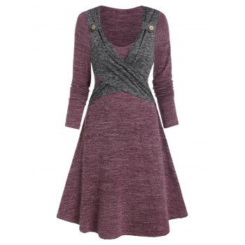 

Casual Heathered Colorblock Cross Front A Line Long Sleeve Dress, Multicolor a