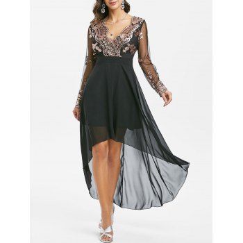 

Plunge Sequined Mesh Panel High Low Chiffon Prom Dress, Black