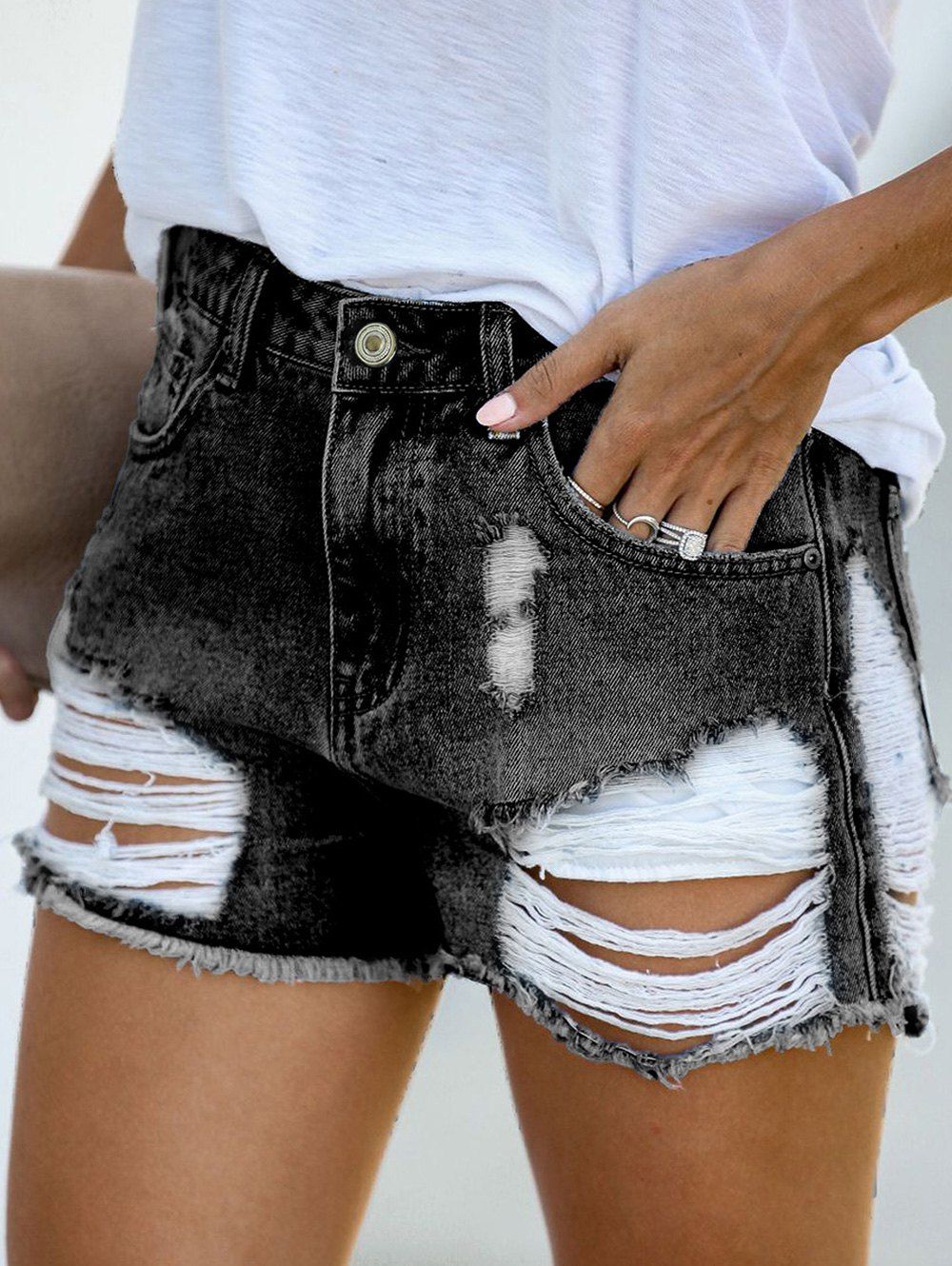 [15% OFF] 2020 Distressed Frayed Hem Denim Shorts In CARBON GRAY ...