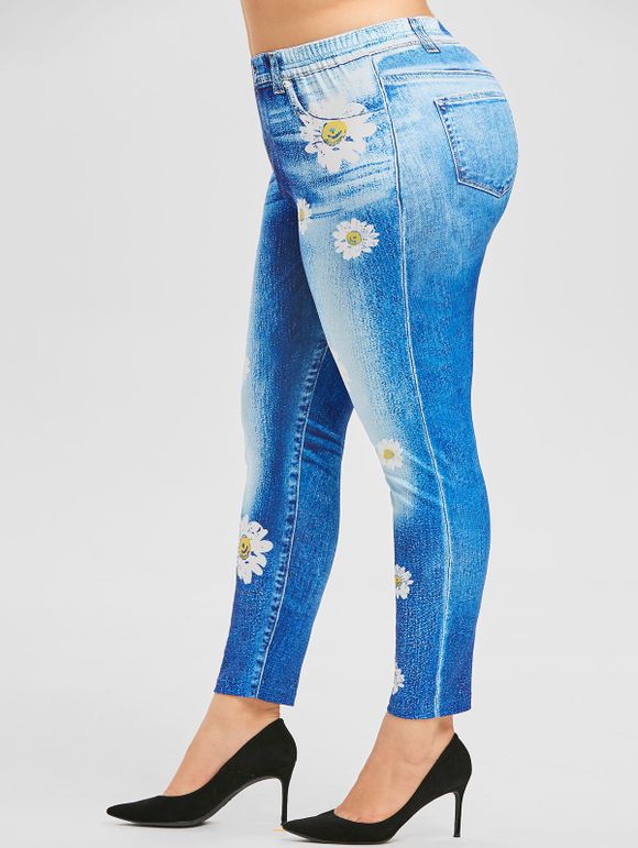 Legging 3D Marguerite de Grande Taille à Taille Haute - Bleu Foncé Toile de Jean 5X