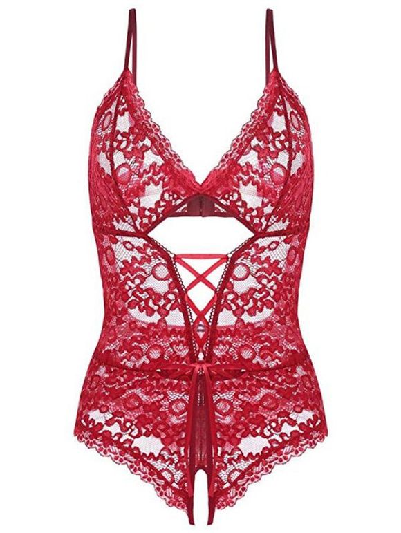 Body en Dentelle sans Entrejambe à Lacets - Rouge Vineux XL