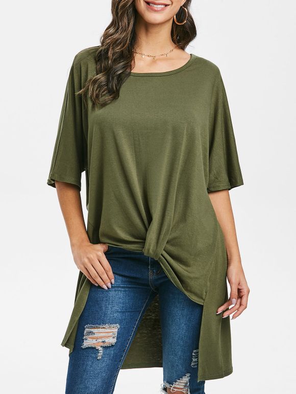 Batwing Sleeve Twisted High Low T-shirt - CAMOUFLAGE GREEN S