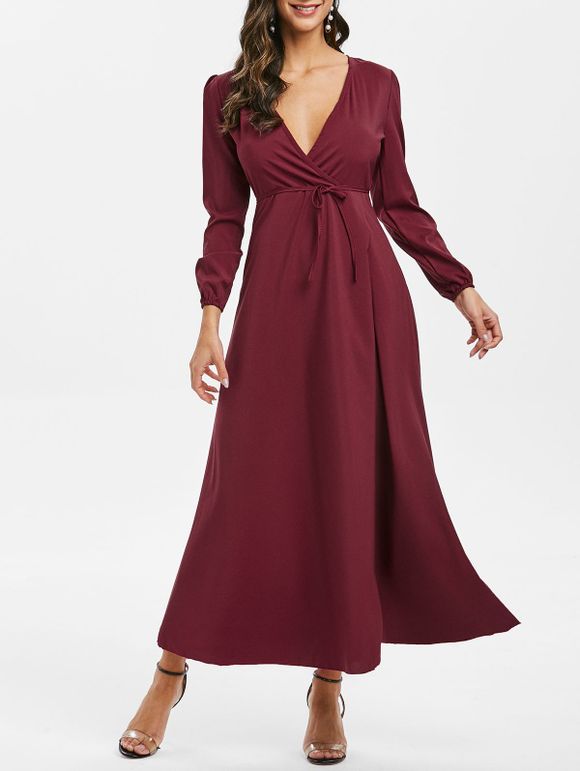 Belt Long Sleeve Maxi Surplice Dress - RED WINE S