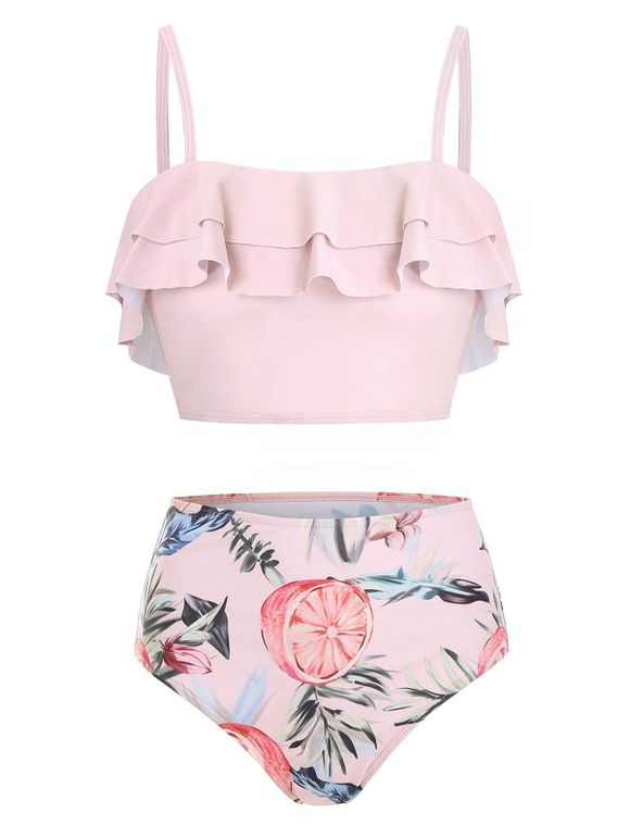 Sweet Tummy Control Swimsuit Tankini Ruffle Print Contrast Swimwear Set - PIG PINK XL