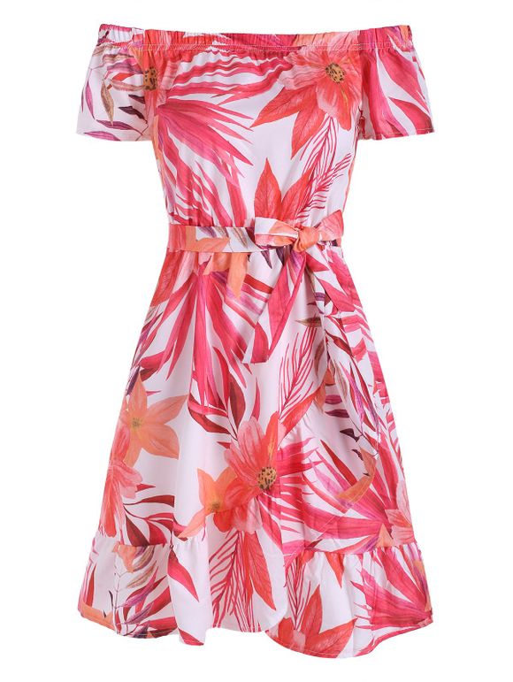 Robe Ceinturée Imprimée Florale à Épaule Dénudée - multicolor 2XL