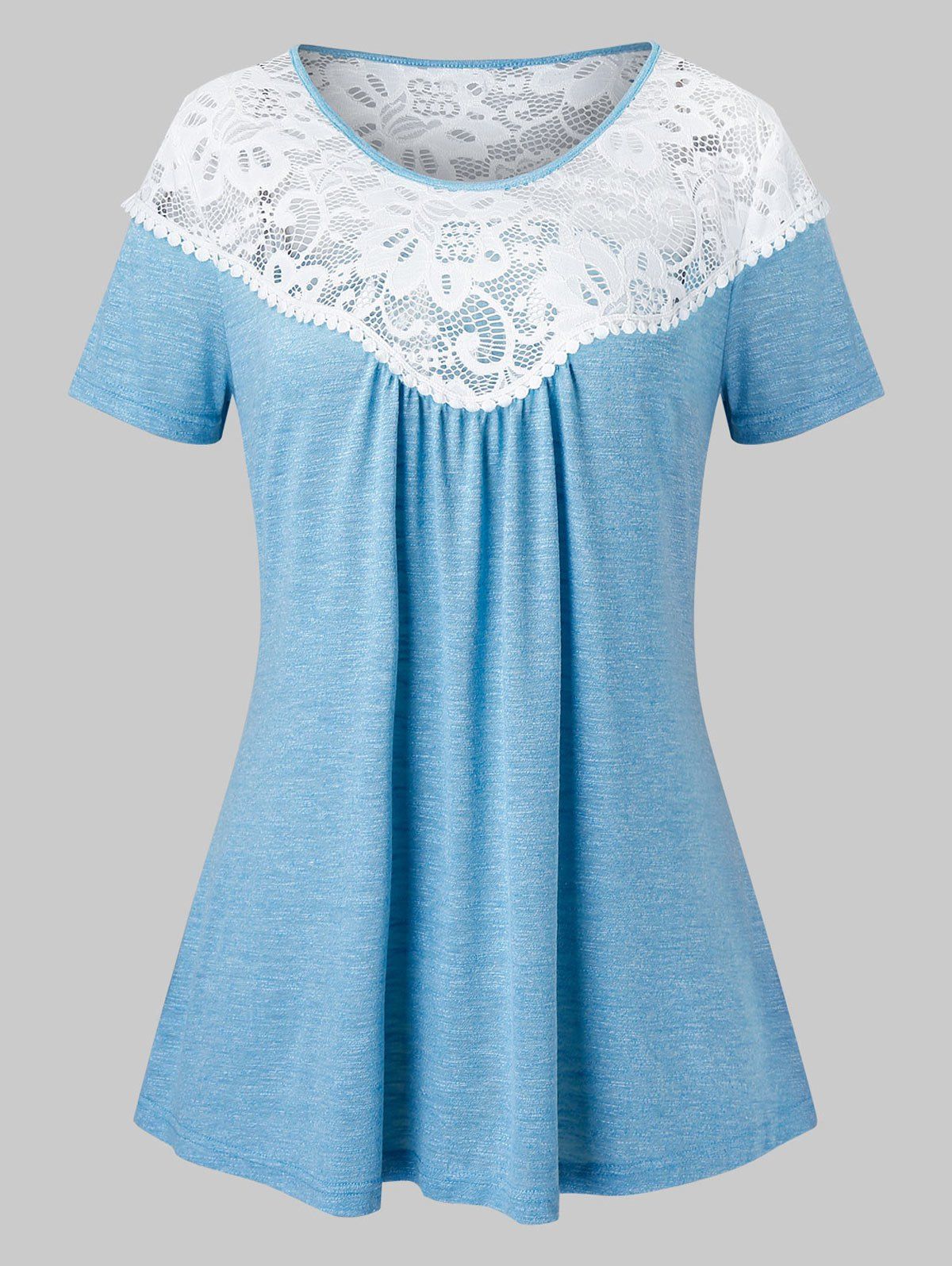 Plus Size Lace Yoke Two Tone T-shirt - LIGHT BLUE L