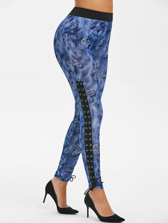 Pantalon Imprimé Papillon à Lacets à Taille Haute - Bleu Foncé Toile de Jean 3XL