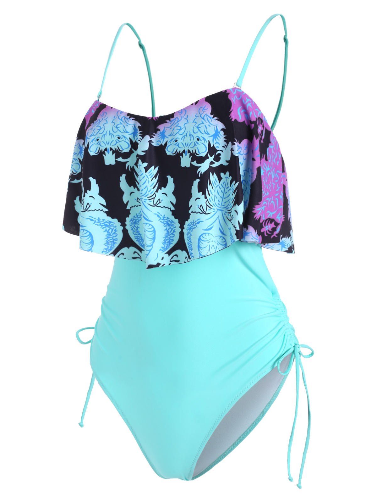 Cinched Flounce Overlay Cami One-piece Swimsuit - CELESTE 2XL