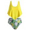 Maillot de Bain Tankini Citron Fleuri Imprimé de Grande Taille à Volants - Jaune 4X