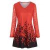 T-shirt à Manches en Dentelle Imprimé de Grande Taille - Rouge 2X
