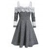 Robe Chinée à Epaule Ouverte en Dentelle Insérée à Manches Longues - Gris XL