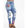 Legging Déchiré 3D Jean Imprimé Fleuri à Coupe Haute de Grande Taille - Bleu Foncé Toile de Jean 1X