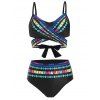 Maillot de Bain Bikini Enveloppé Géométrique à Taille Haute - Noir 3XL