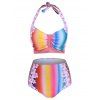 Maillot de Bain Bikini Matelassé Fleur Arc-en-ciel à Col Halter - multicolor A XL