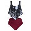 Gothic Tankini Swimsuit Moon Night Bat High Waist Swimwear Ruched Two Piece Bathing Suit - RED WINE M