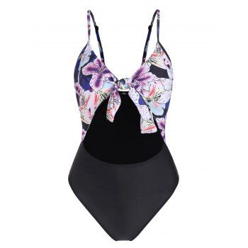 

Tie Front Cutout Floral One-piece Swimsuit, Multicolor