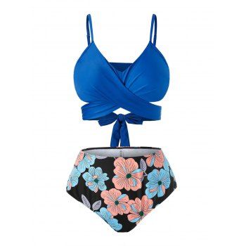 

Plus Size Crisscross Floral Print Tankini Swimsuit, Blueberry blue