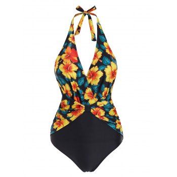 

Tummy Control Floral Swimsuit One-piece Plunge Backless Swimwear, Multicolor