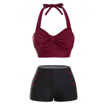 

Bowknot Halter Mock Button Push Up Bikini Swimwear, Red wine