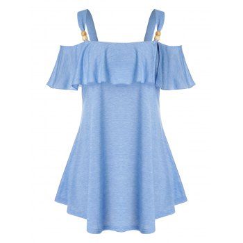 

Plus Size Heather Beading Flounce Open Shoulder T-shirt, Crystal blue