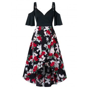 

Plus Size Floral Open Shoulder Dip Hem Dress, Black