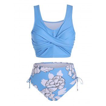 

Floral Print Tummy Control Two Piece Swimsuit High Waist Twist Cinched Tankini Set, Light sky blue