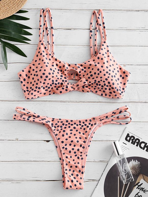 Maillot de Bain Bikini en Treillis avec Nœud Papillon à Pois - Orange Rose XL