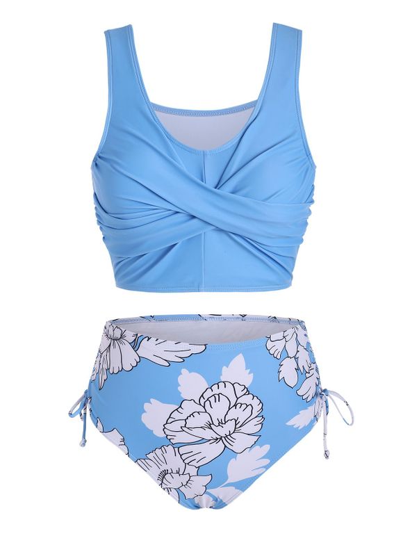 Floral Print Tummy Control Two Piece Swimsuit High Waist Twist Cinched Tankini Set - LIGHT SKY BLUE S
