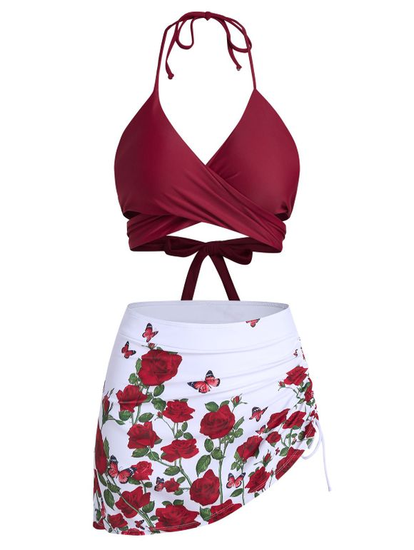 Papillon et imprimé fleurs Wrap Bikini - Rouge Vineux L