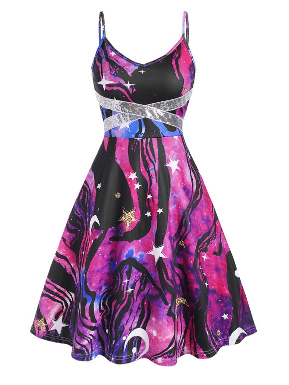 Robe Evasée Galaxie Imprimée à Paillettes à Bretelle - multicolor S