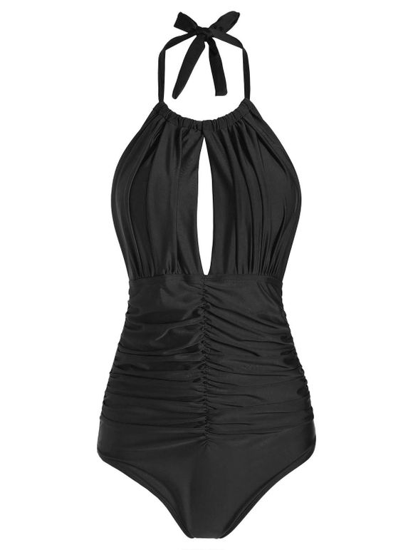 Ruched Halter One-piece Swimsuit - BLACK XL