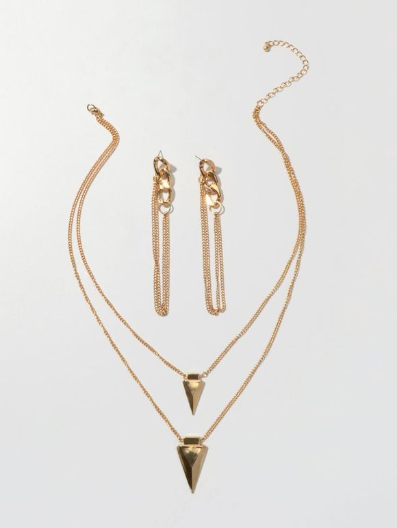 Ensemble de Boucles d'Oreilles Chaîne Longue et de Collier Triangle à Double Couche - Or 