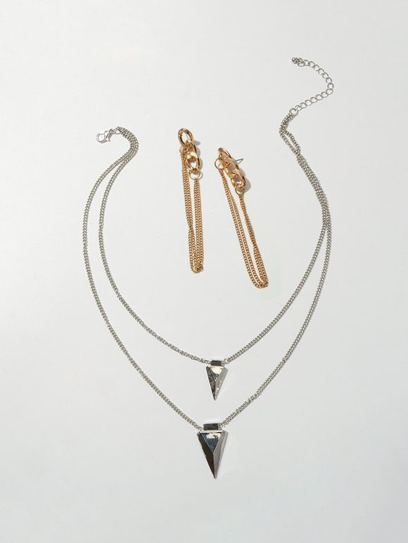 Ensemble de Boucles d'Oreilles Chaîne Longue et de Collier Triangle à Double Couche - Argent 