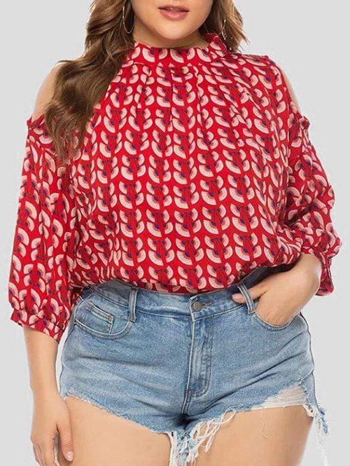Taille Plus Fans épaule Open Print Blouse - Rouge Lave 5X