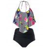 Maillot de Bain Tankini Géométrique Fleur de Grande Taille à Volants à Col Halter - Noir 2X