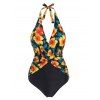 Maillot de Bain Superposé Noué Fleuri Contrôle du Ventre à Col Halter Une-Pièce - multicolor L