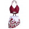 Papillon et imprimé fleurs Wrap Bikini - Rouge Vineux 3XL